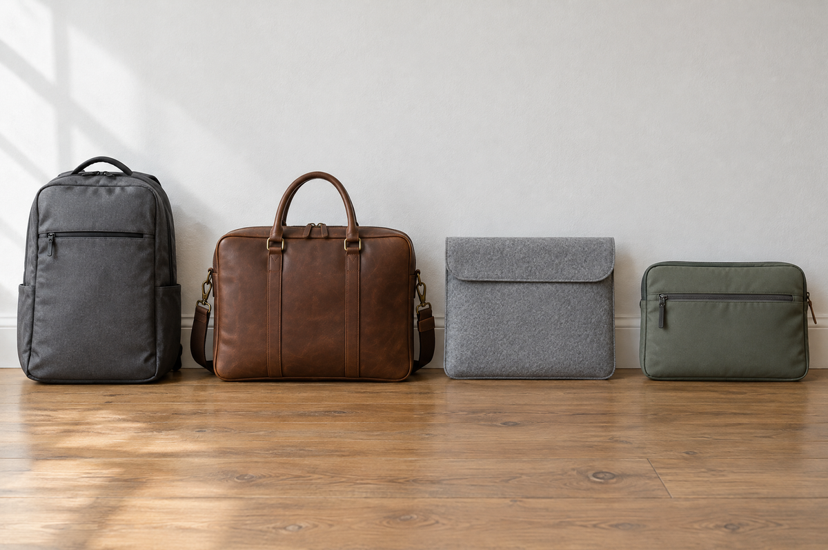 Sac à dos, sacoche en cuir, housse en feutrine et pochette d'ordinateur alignés contre un mur blanc