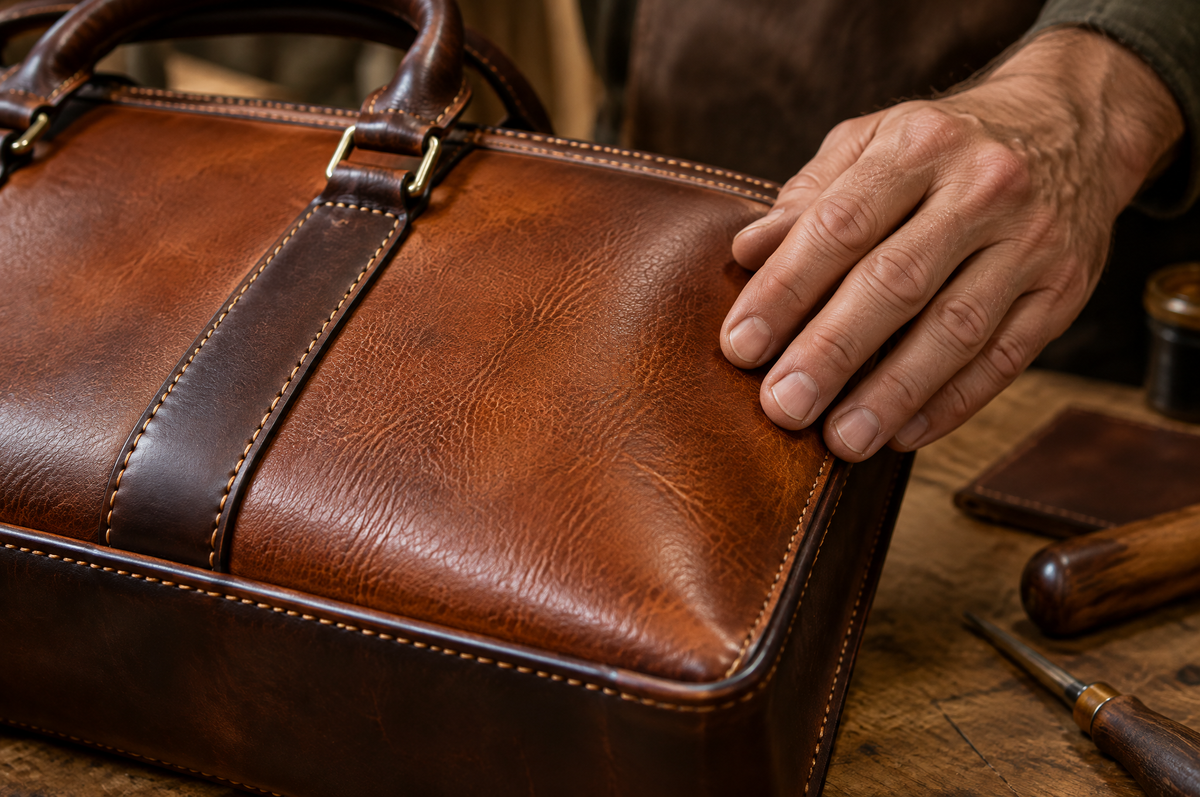 Main posée sur une sacoche ordinateur en cuir pleine fleur cognac aux coutures sellier