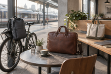 Sac à dos sur un vélo, sacoche en cuir sur une table de café et cabas sur un banc de coworking