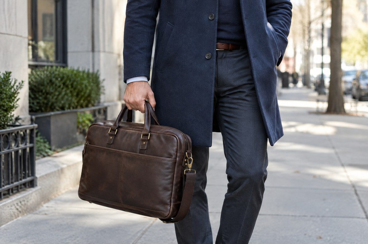 Homme en manteau bleu marine tenant une sacoche ordinateur en cuir marron sur un trottoir Image