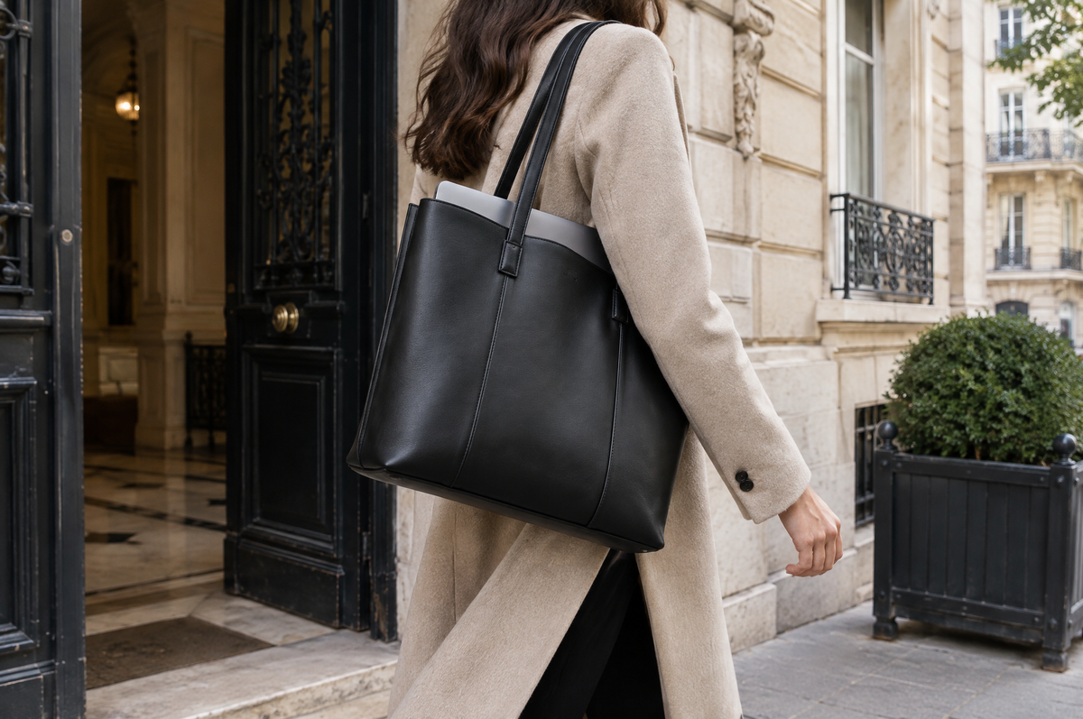 Femme sortant d'un immeuble parisien avec un cabas en cuir noir contenant un ordinateur portable