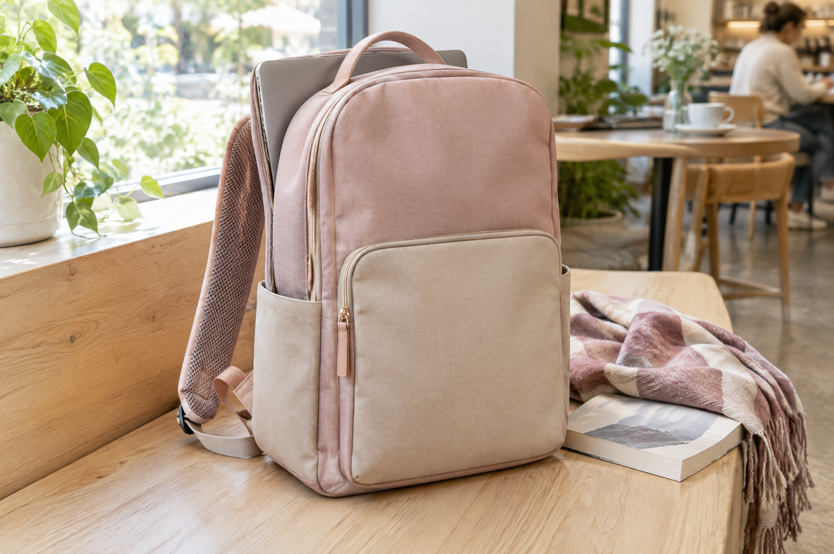 Sac à dos ordinateur rose poudré et beige posé sur un banc en bois dans un café lumineux Image