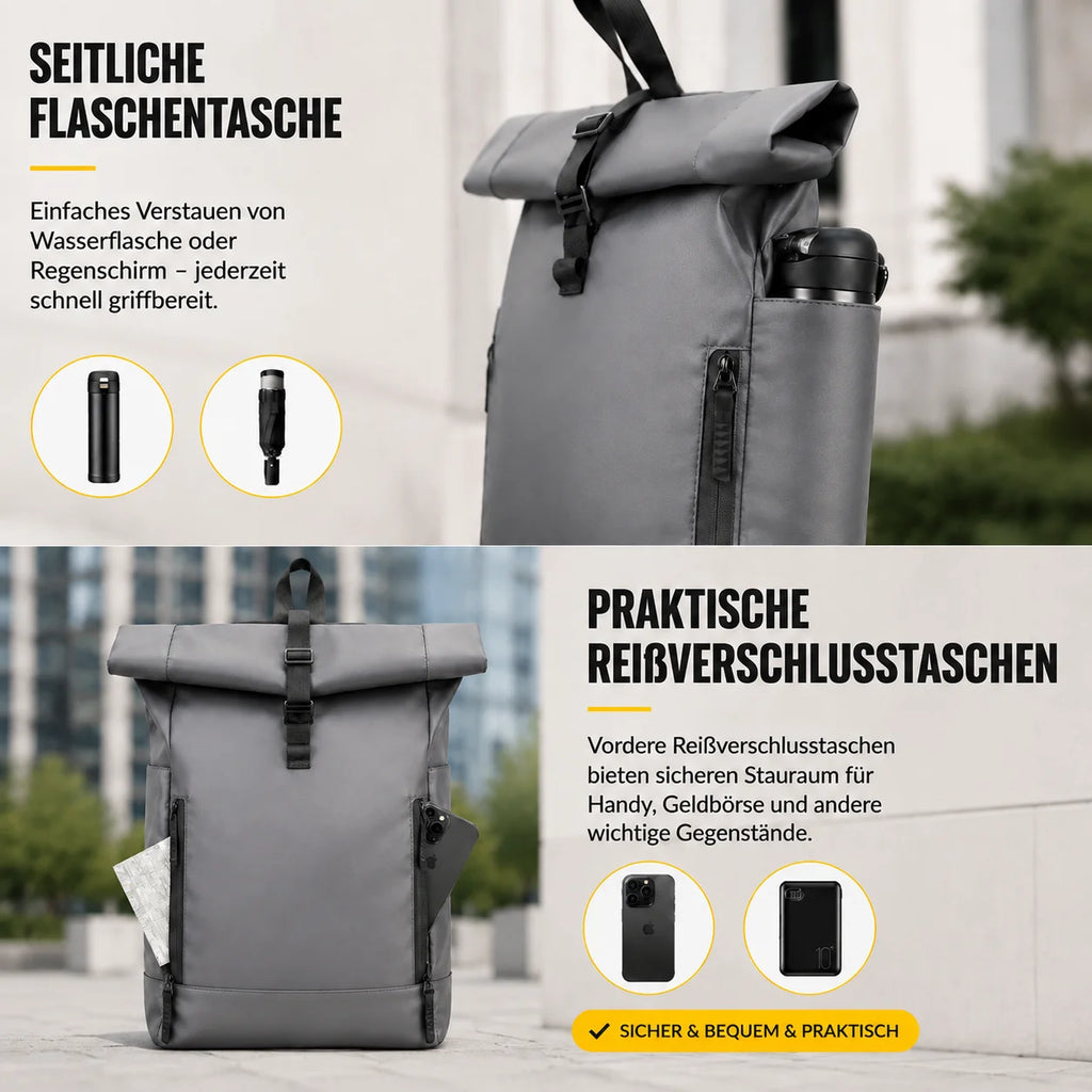Sac à dos ordinateur 15,6 pouces rolltop gris, format A4