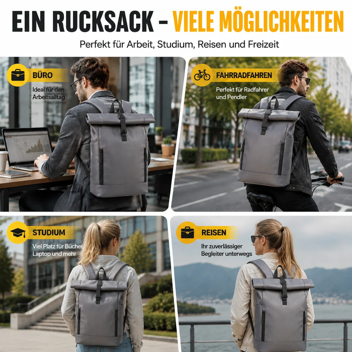 Sac à dos ordinateur 15,6 pouces rolltop gris, format A4