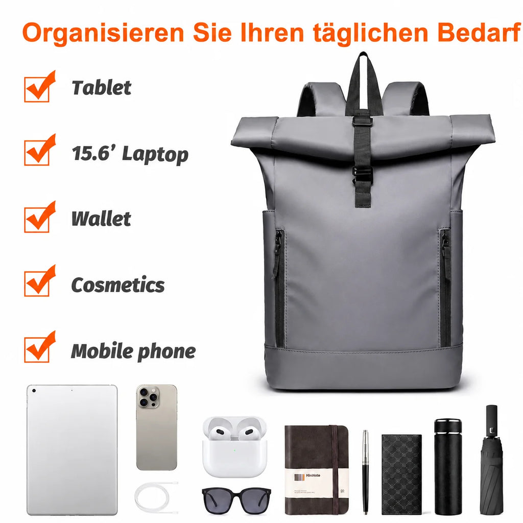 Sac à dos ordinateur 15,6 pouces rolltop gris, format A4