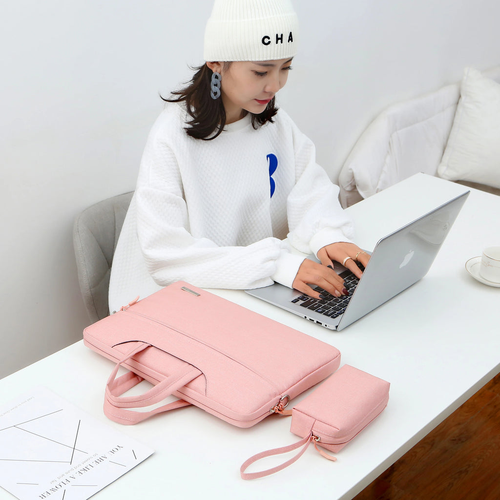 Pochette ordinateur à poignées et bandoulière, toile effet jean