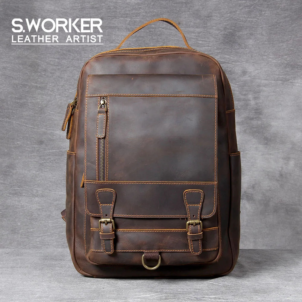 Sac à dos ordinateur cuir homme vintage, poche à rabat et boucles