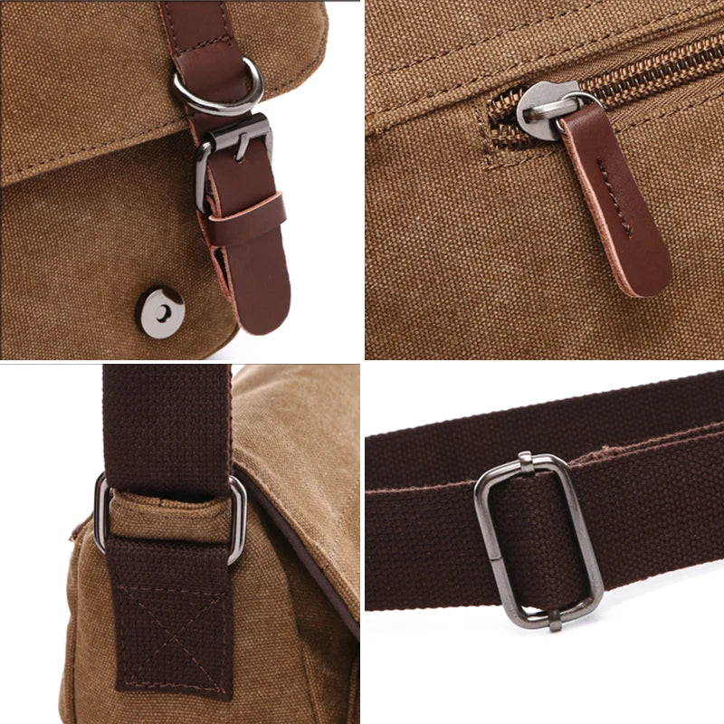 Sac bandoulière ordinateur en toile délavée, rabat à boucles rétro