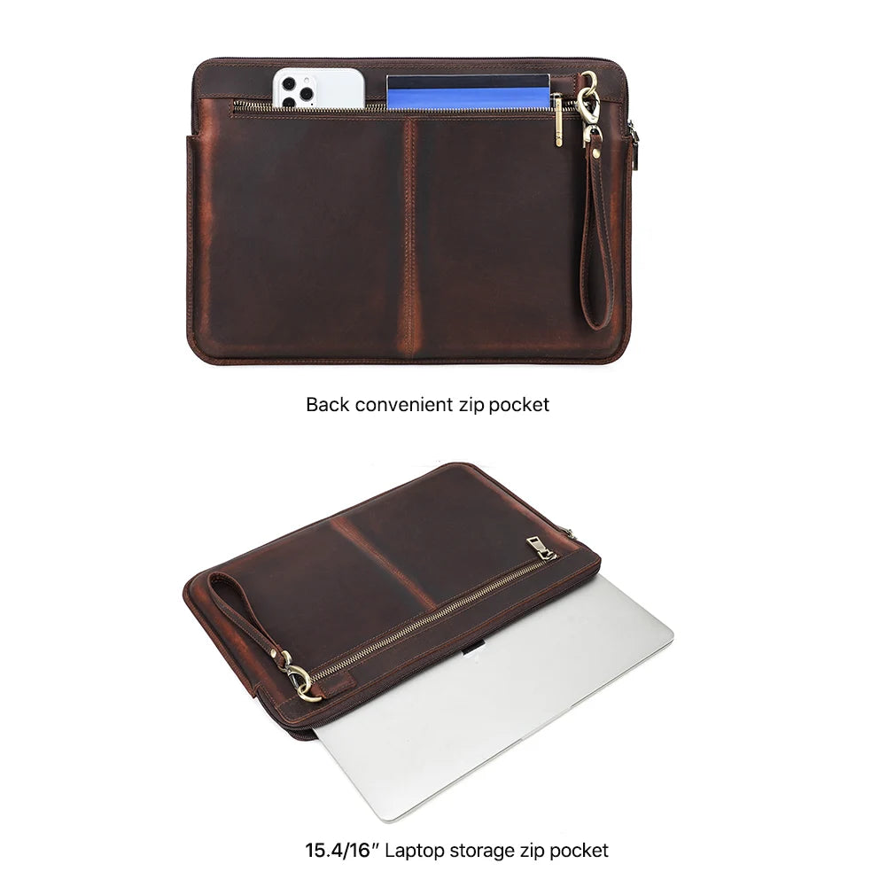 Pochette ordinateur cuir de vache patiné, 13,3 ou 15,6 pouces