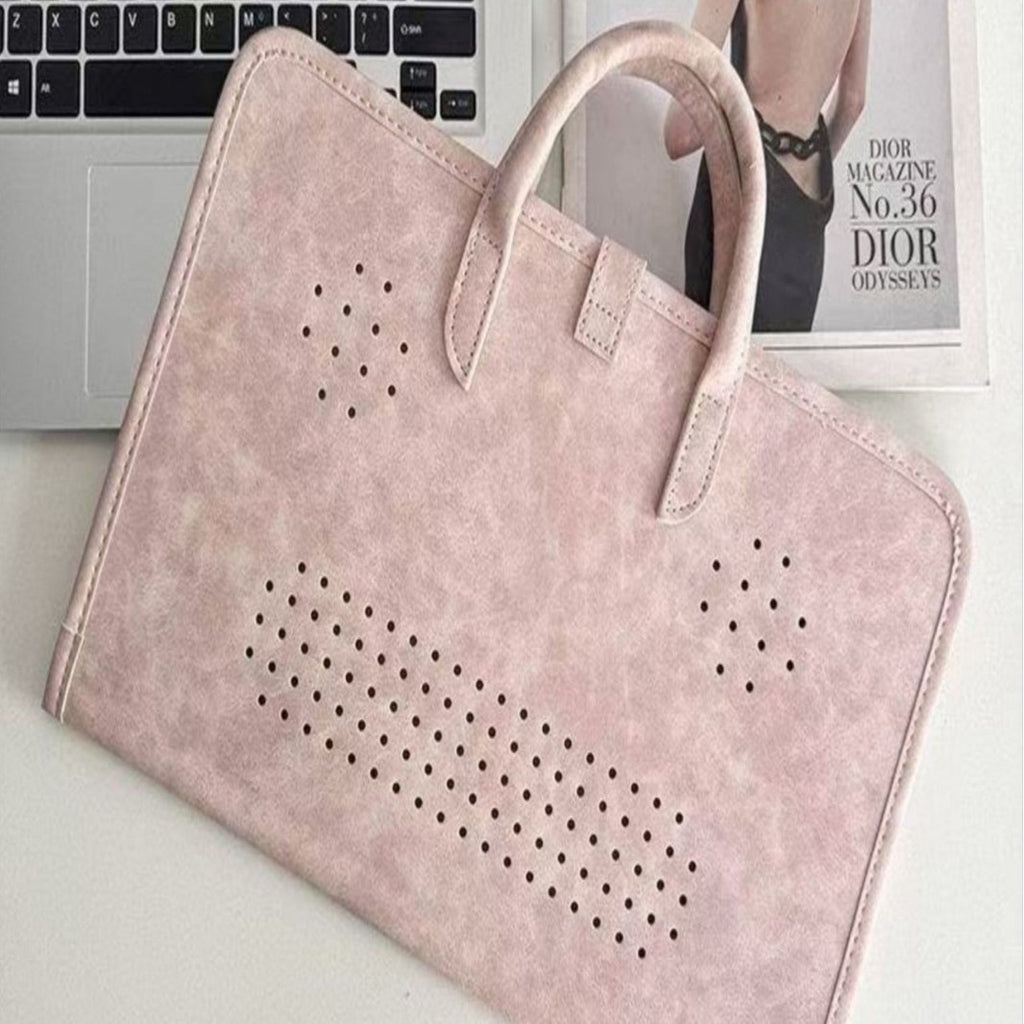 Pochette ordinateur femme en simili cuir rose, deux poignées