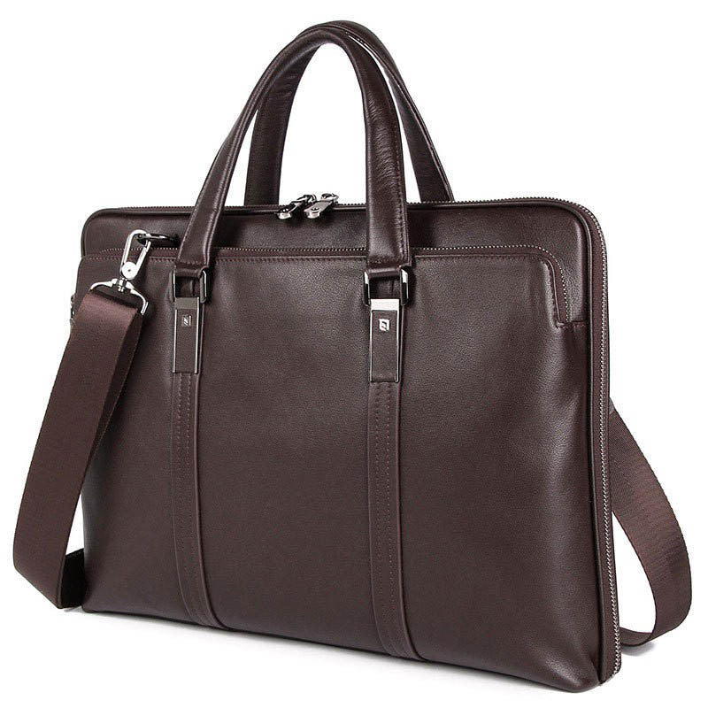 Sacoche ordinateur cuir homme 15,6 pouces, double zip et cuir lisse