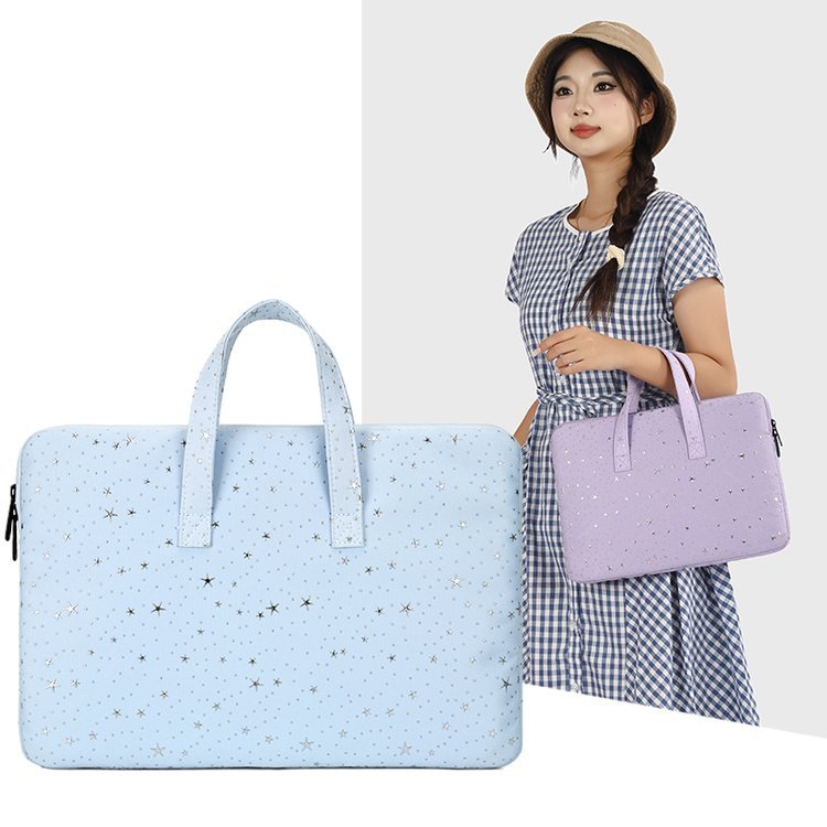 Pochette ordinateur à poignées, nylon imprimé étoiles argentées