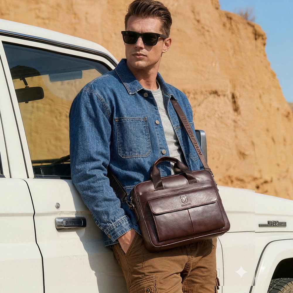 Sacoche ordinateur cuir homme 16 pouces, bandoulière amovible