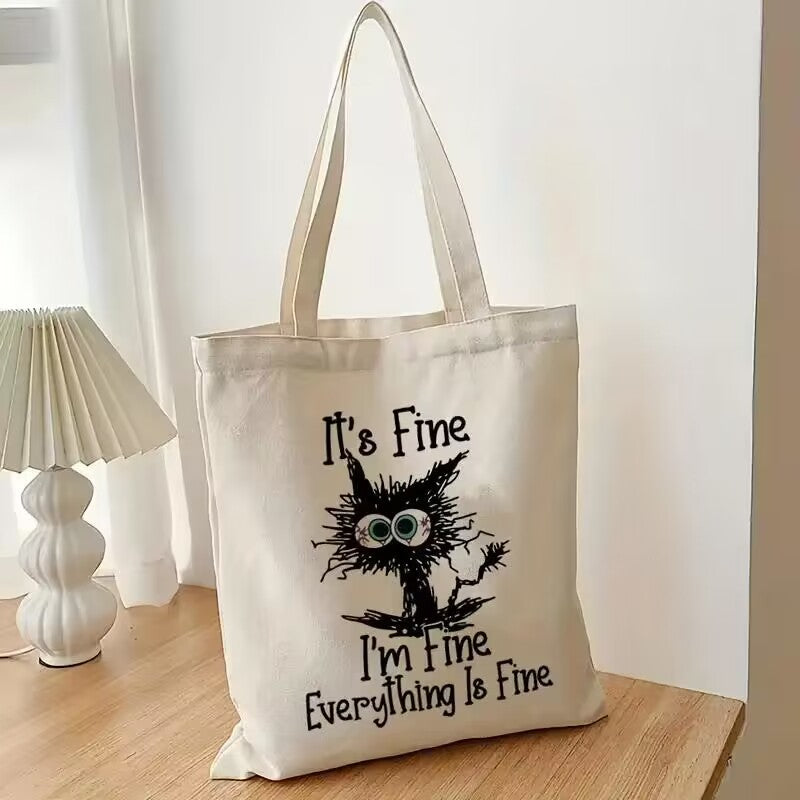 Sac ordinateur femme en toile écrue, cabas imprimé chat ébouriffé