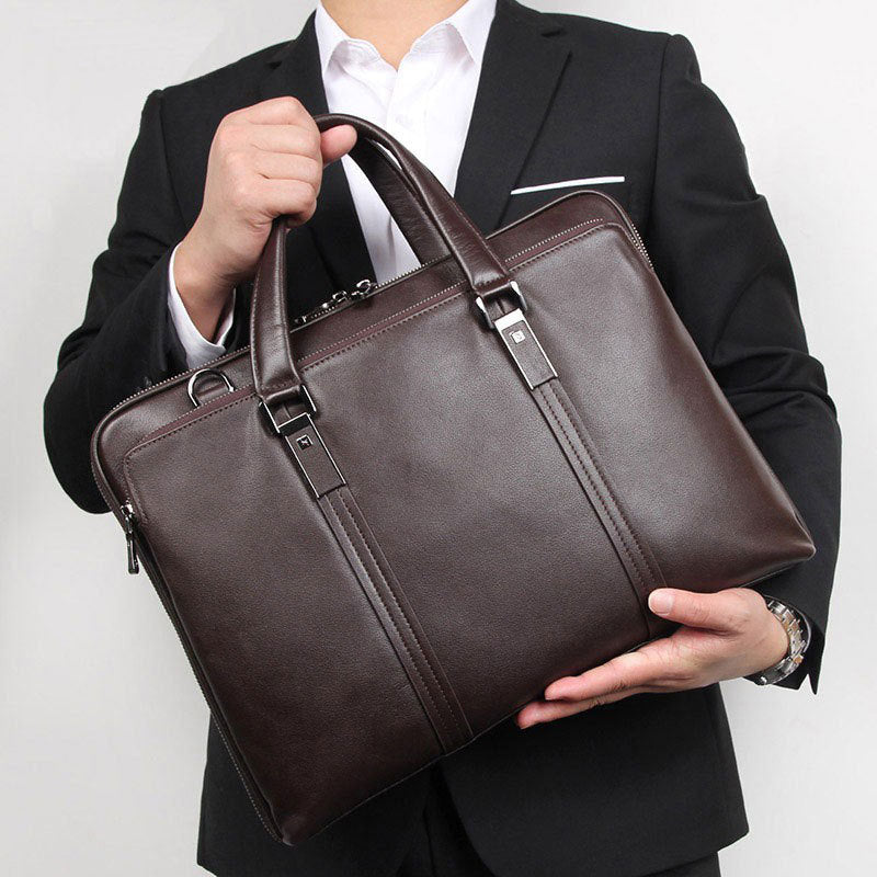 Sacoche ordinateur cuir homme 15,6 pouces, double zip et cuir lisse