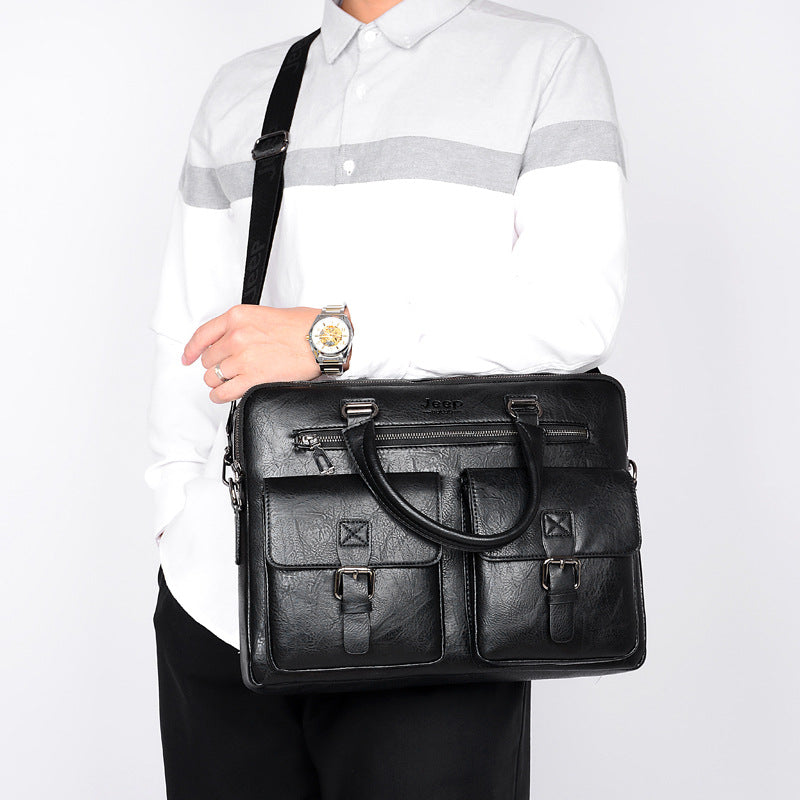 Sacoche ordinateur homme 14 pouces, simili cuir et poches à boucle