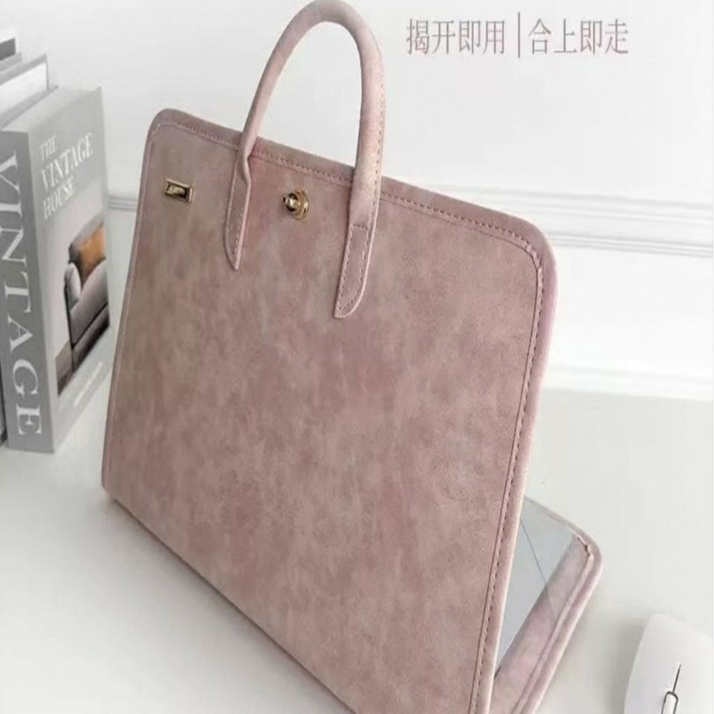 Pochette ordinateur femme en simili cuir rose, deux poignées