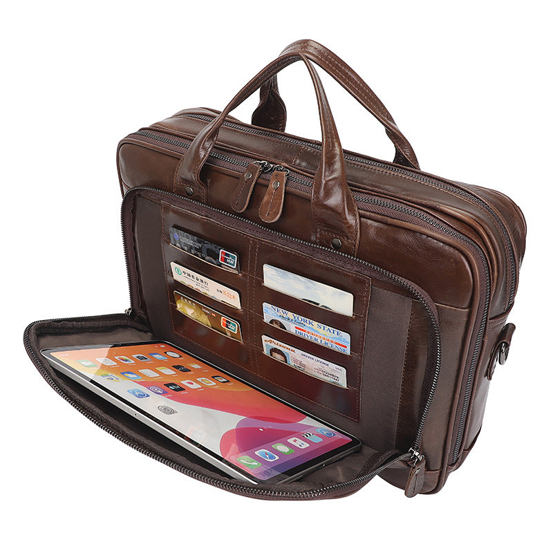 Sacoche ordinateur homme en cuir de vache 14 pouces, multipoches