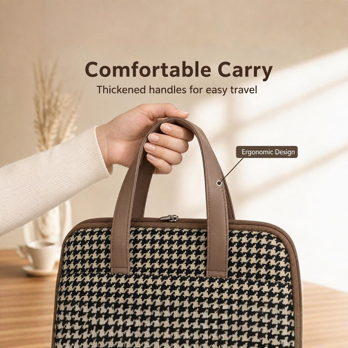 Pochette ordinateur femme pied-de-poule, poignées en simili cuir