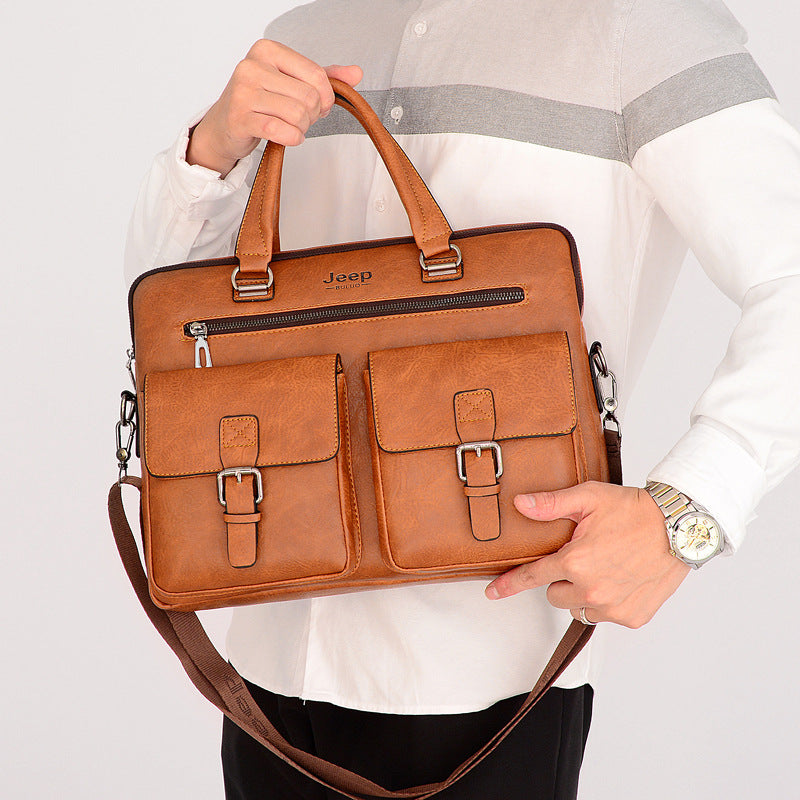 Sacoche ordinateur homme 14 pouces, simili cuir et poches à boucle