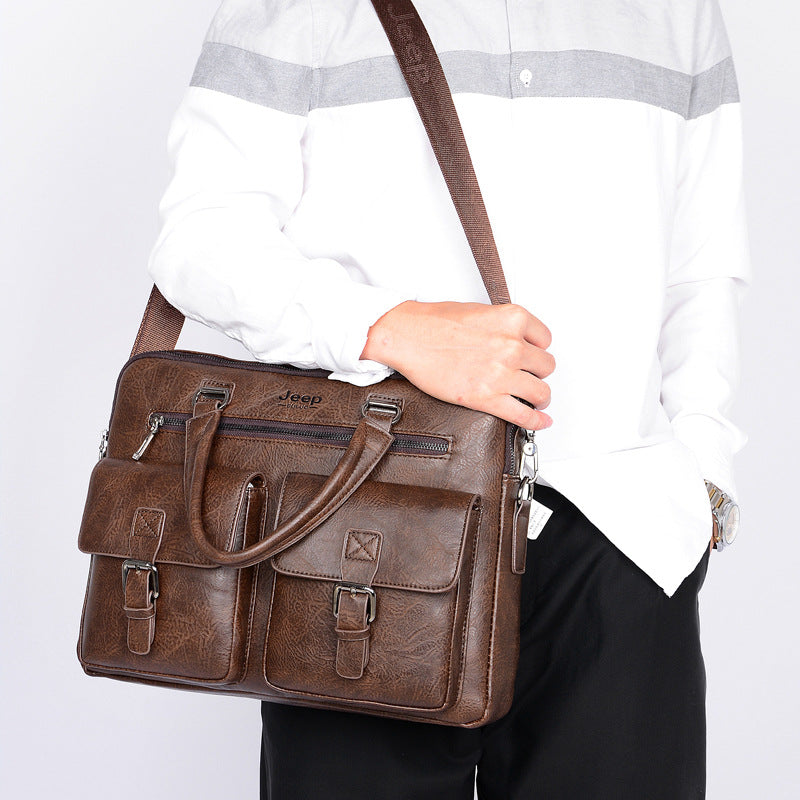 Sacoche ordinateur homme 14 pouces, simili cuir et poches à boucle