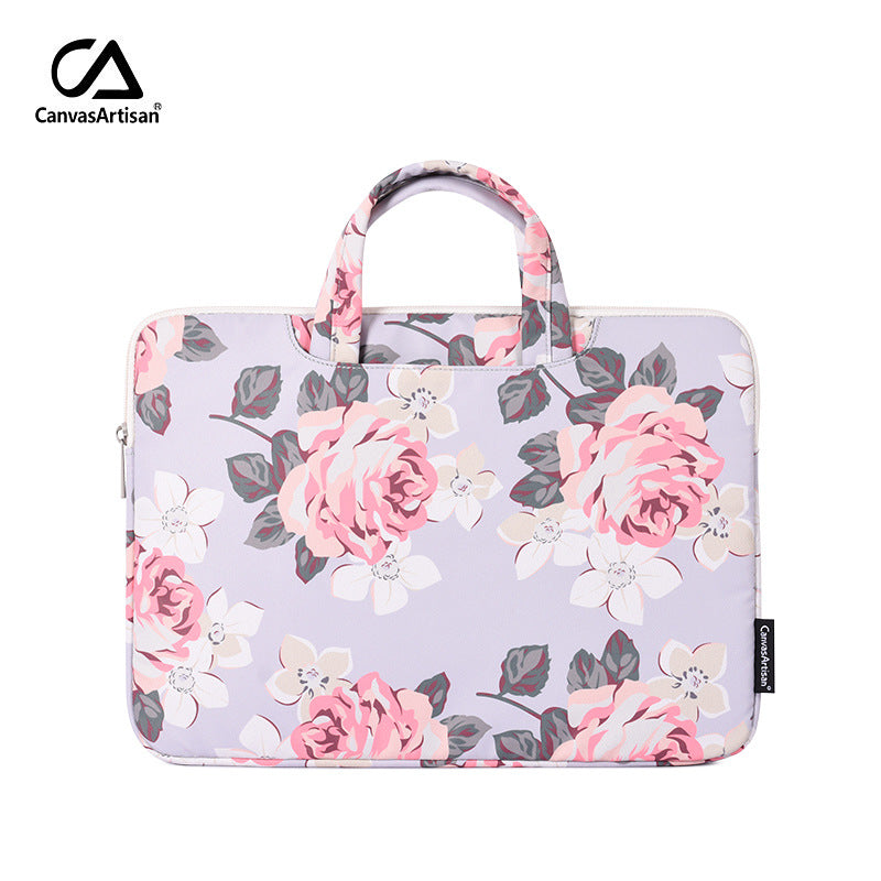 Pochette ordinateur femme à poignées, imprimé roses, 12 à 15 pouces