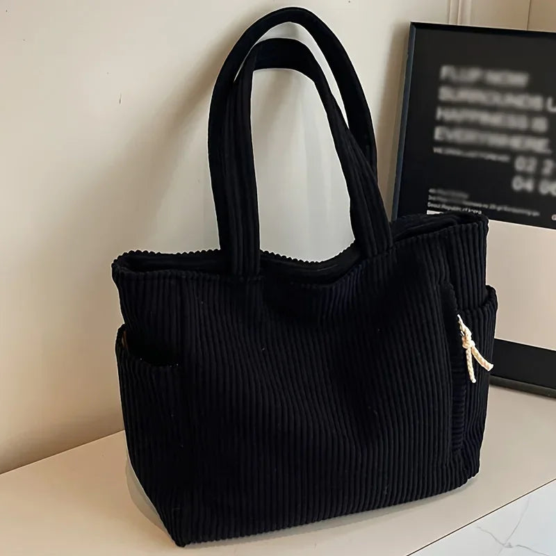 Sac ordinateur cabas en velours côtelé, zippé à poches latérales