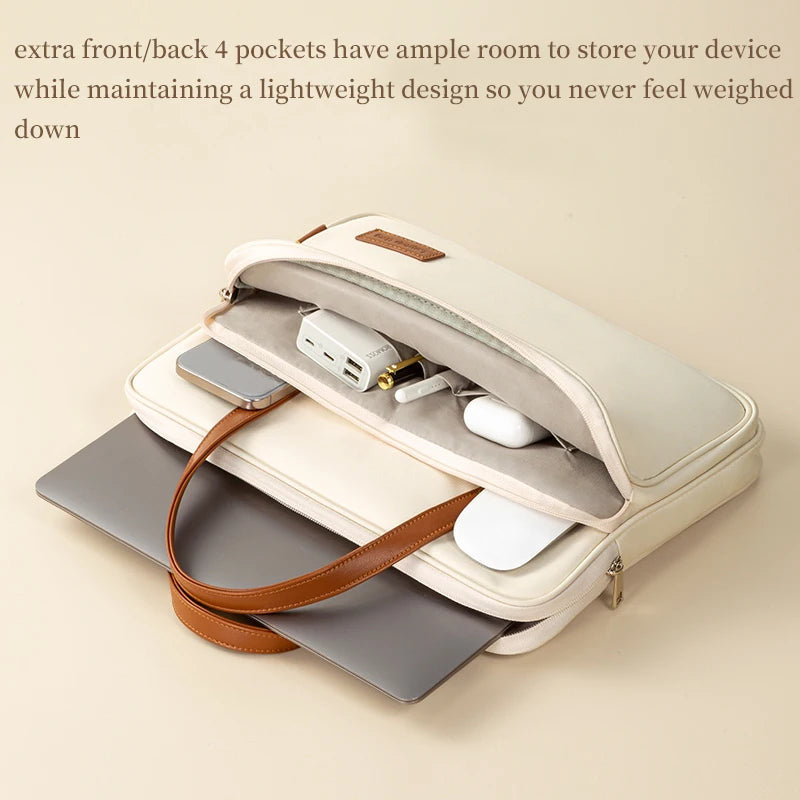 Pochette ordinateur femme beige à anses, doublure velours