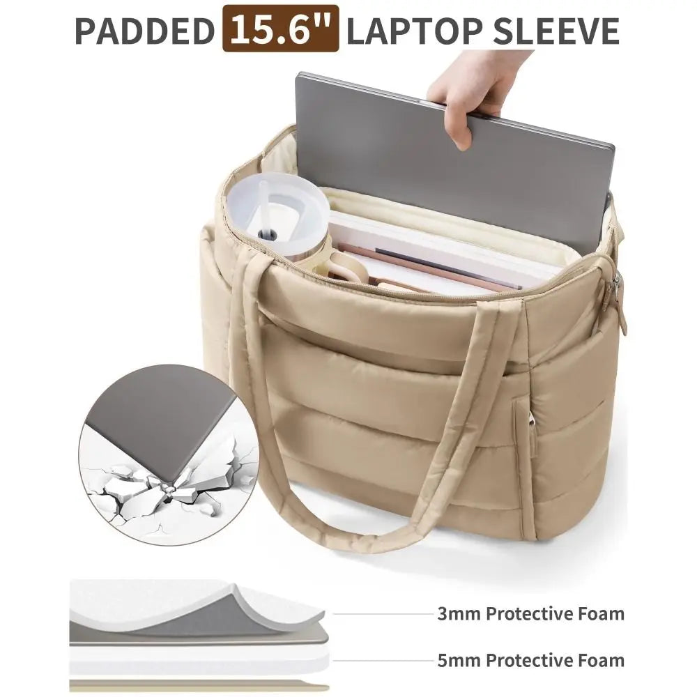Sac ordinateur femme 15,6 pouces façon doudoune, trousse assortie