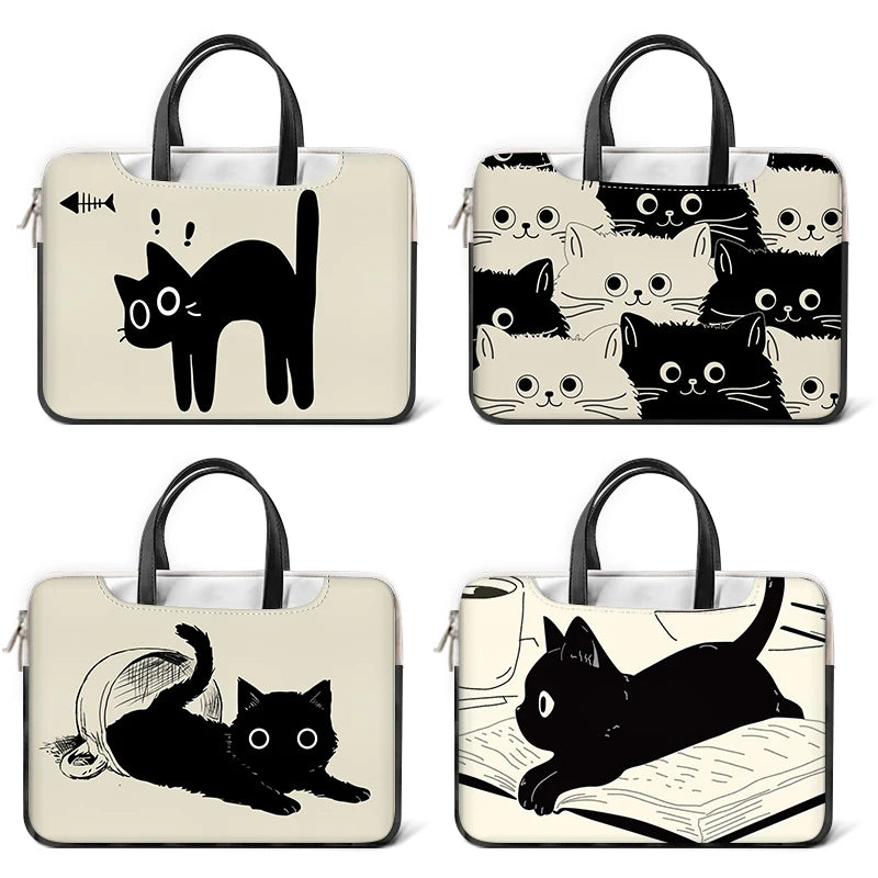 Pochette ordinateur à poignées imprimé chat noir, 12 à 17,3 pouces