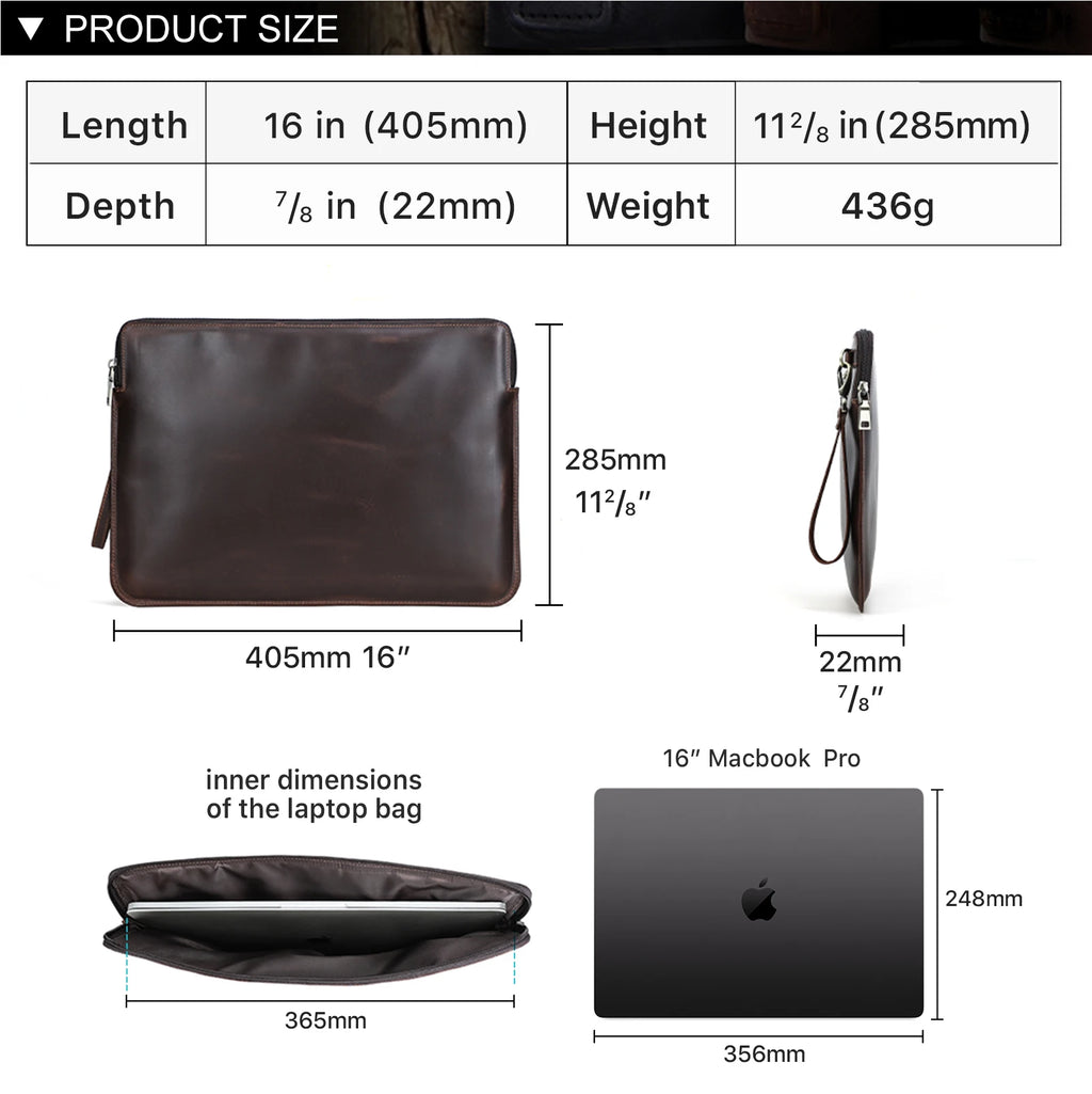 Pochette ordinateur cuir 16 pouces zippée, poche arrière et dragonne
