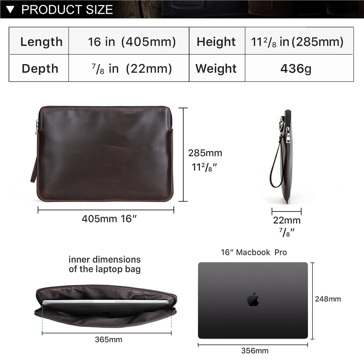 Pochette ordinateur cuir 16 pouces zippée, poche arrière et dragonne