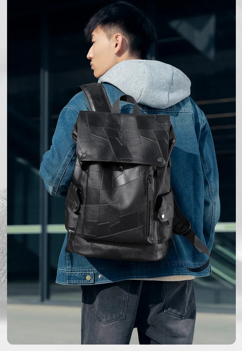 Sac à dos ordinateur homme en simili cuir patchwork, port USB