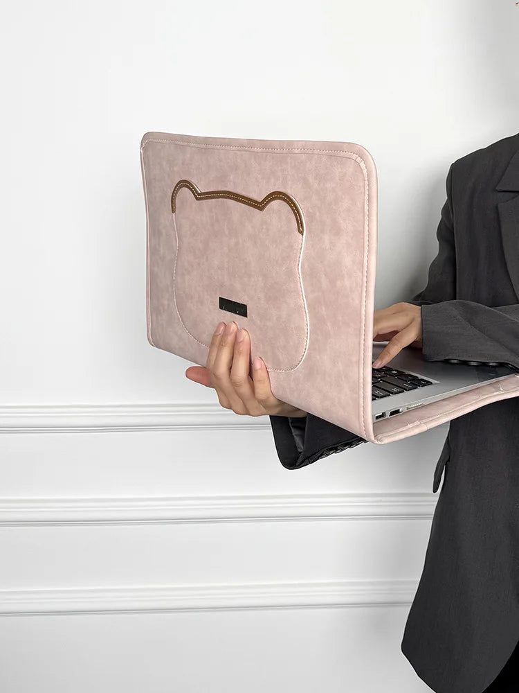 Pochette ordinateur femme en simili daim, poche chat ou ourson