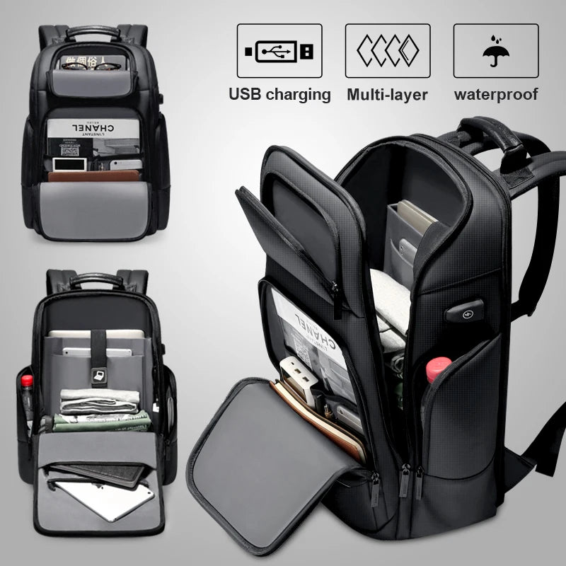 Sac à dos ordinateur USB 16 pouces extensible, toile oxford noire