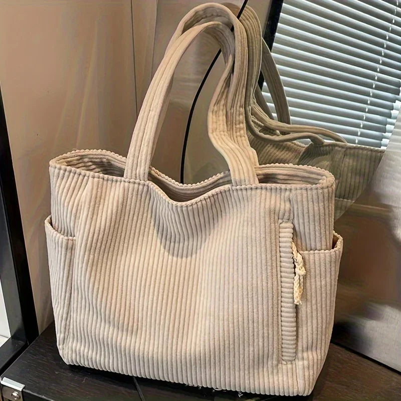 Sac ordinateur cabas en velours côtelé, zippé à poches latérales