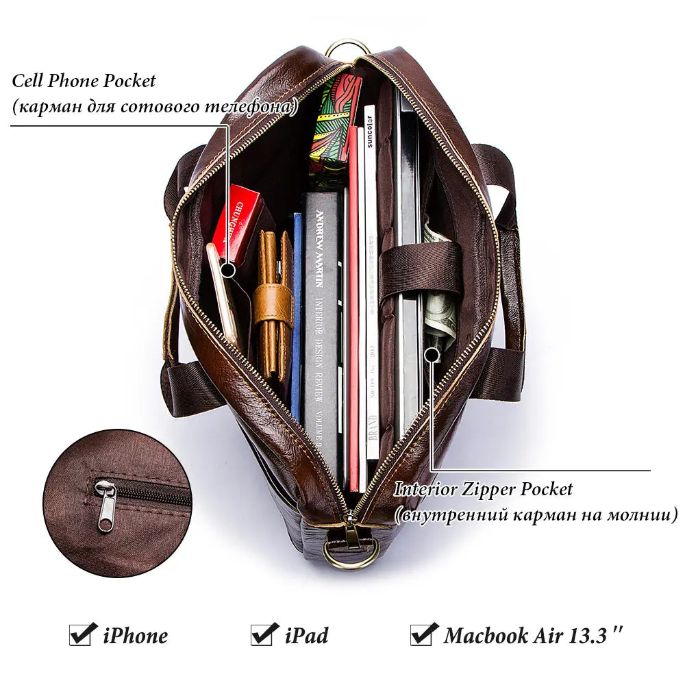 Sacoche ordinateur cuir homme 13,3 pouces, cuir ciré marron ou noir