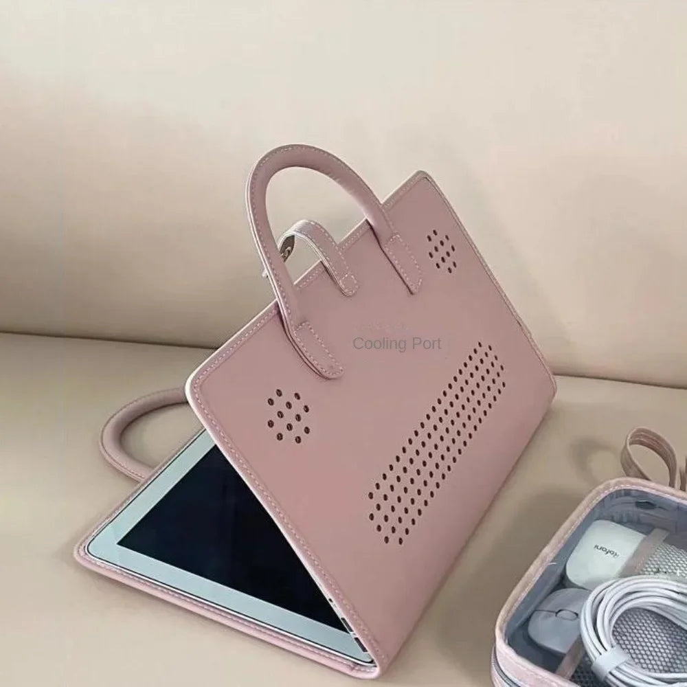 Pochette ordinateur femme rose à poignées, simili cuir perforé