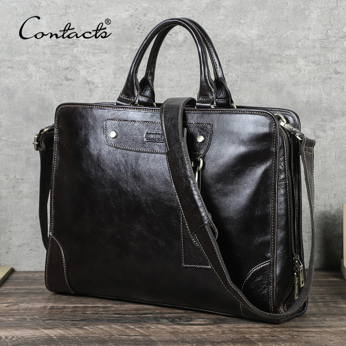 Sacoche ordinateur cuir homme 14 pouces, fini huilé brillant