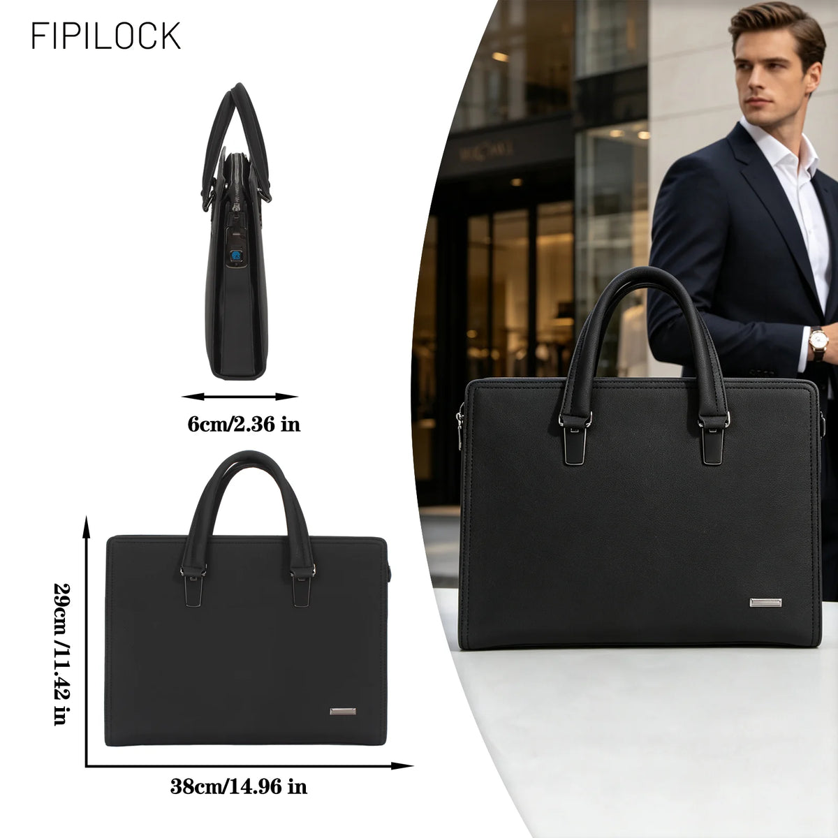 Sacoche ordinateur cuir homme noir grainé, verrou biométrique