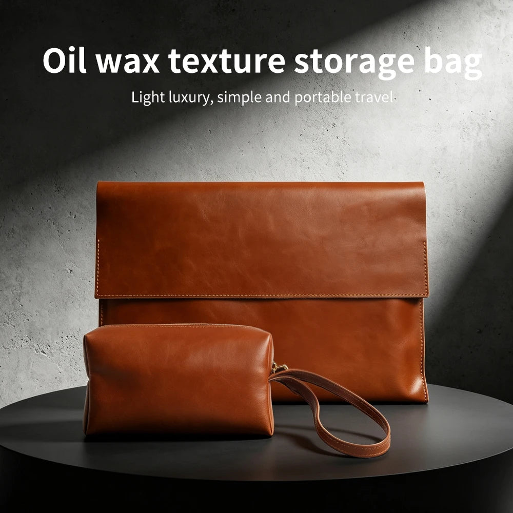 Pochette ordinateur en cuir à rabat avec trousse à accessoires