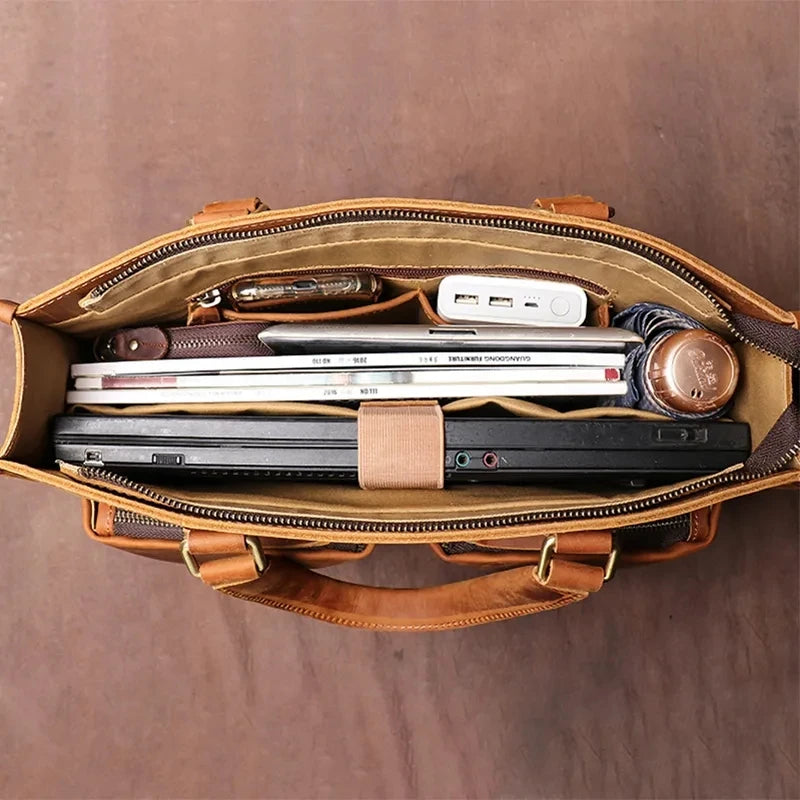 Sacoche ordinateur cuir homme 15,4 pouces, deux poches avant zippées