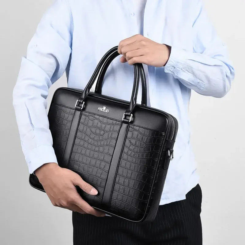 Sacoche ordinateur cuir homme 14 pouces, motif crocodile embossé