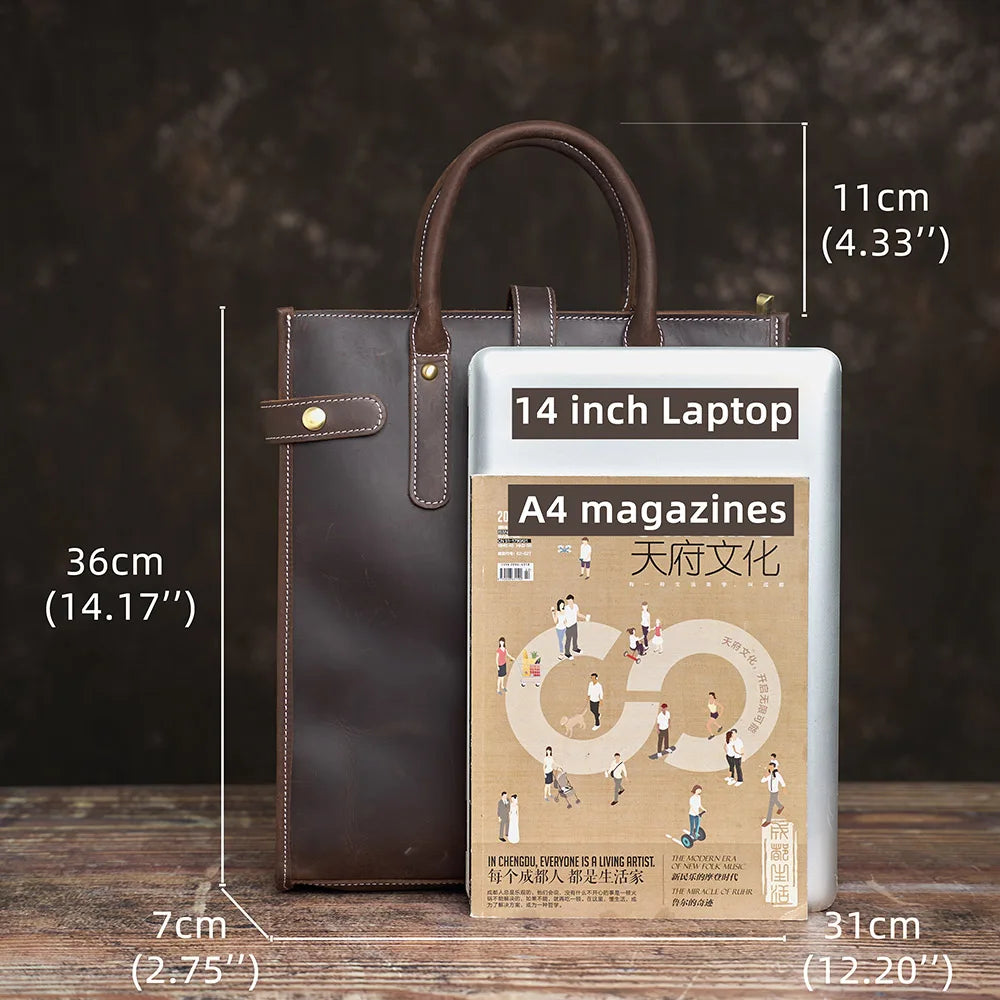 Sacoche ordinateur cuir verticale 14 pouces, format A4 à la main