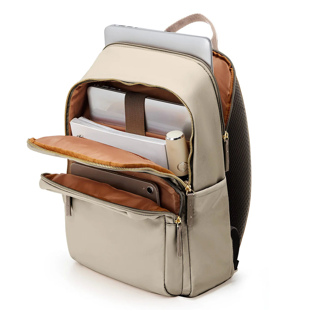 Sac à dos ordinateur femme en nylon, poche avant et zips dorés