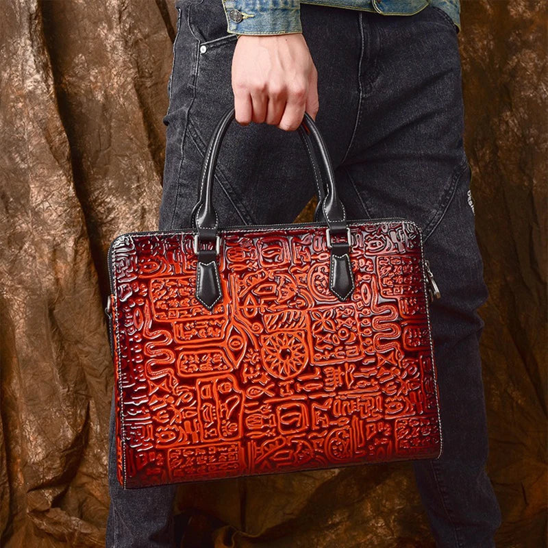 Sacoche ordinateur cuir homme gravé en relief rouge, 15 pouces