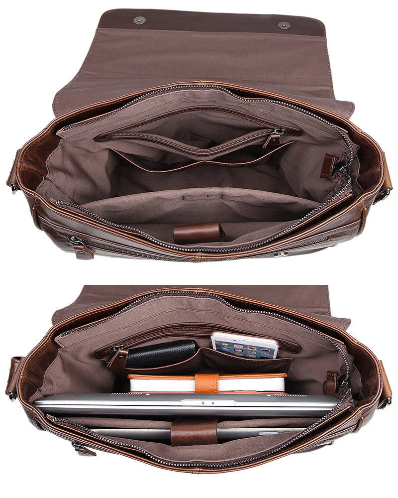 Sac ordinateur cuir homme : besace en cuir véritable ciré à rabat