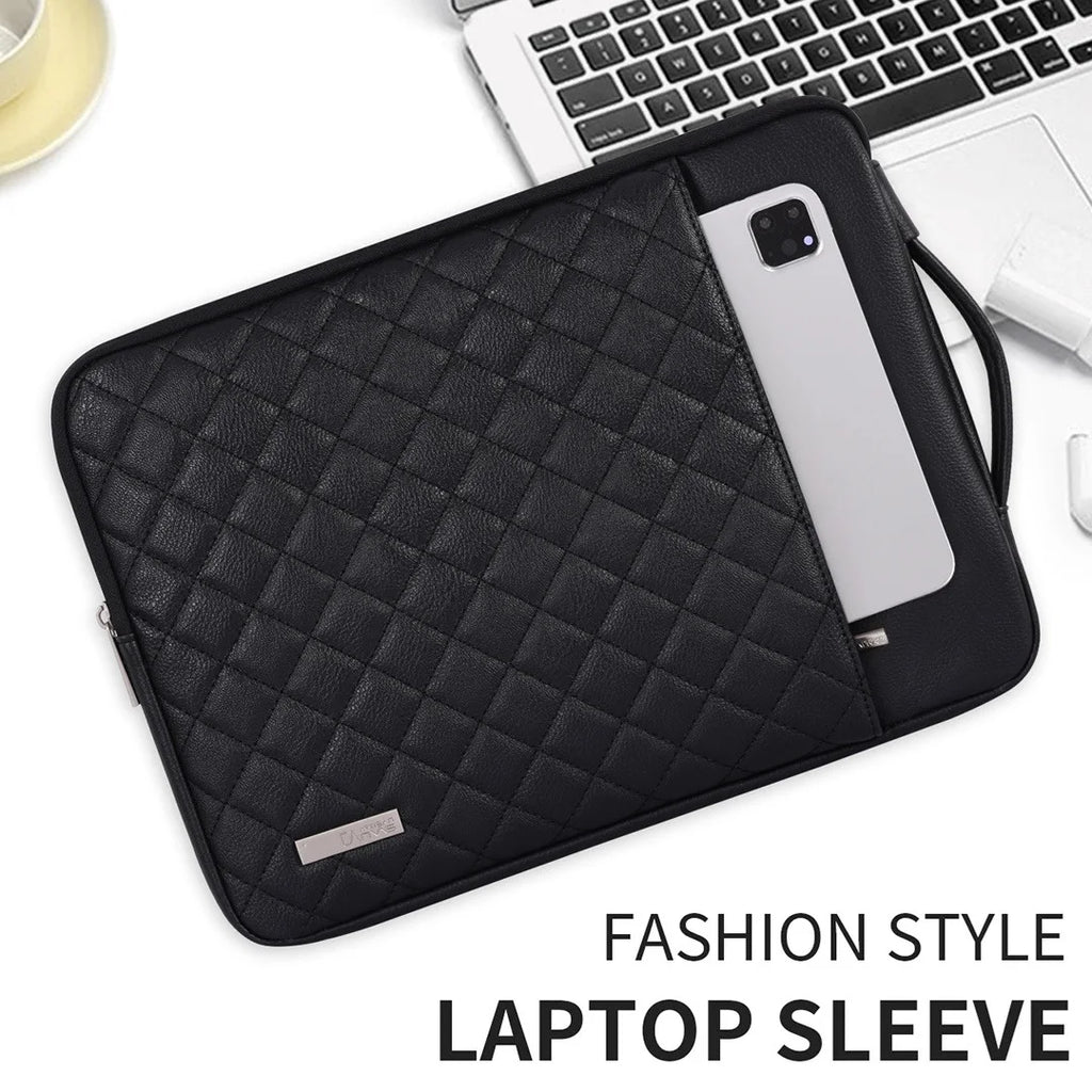 Pochette ordinateur simili cuir matelassé noir, poignée et poche