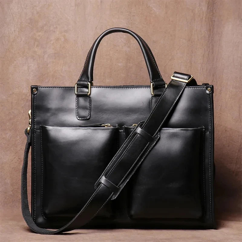 Sacoche ordinateur cuir homme 15,4 pouces, deux poches avant zippées