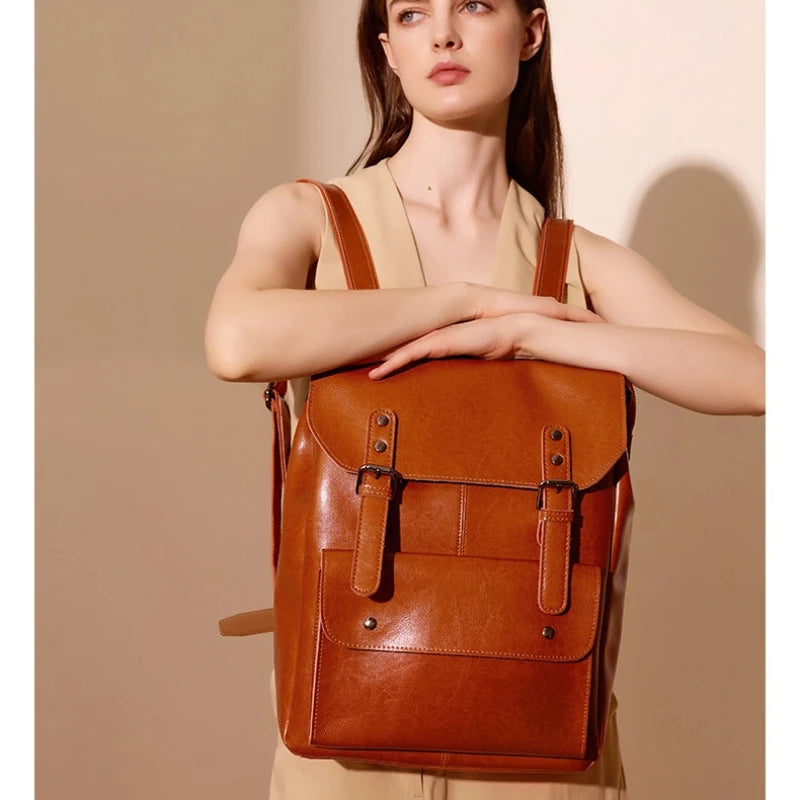 Sac à dos ordinateur cuir de vache femme 14 pouces, rabat à boucles